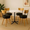 Ver imagem 1 de Conjunto Mesa de Jantar Redonda Preta Tampo Branco com 4 Cadeiras Estofada Preta Encosto Madeira Urb