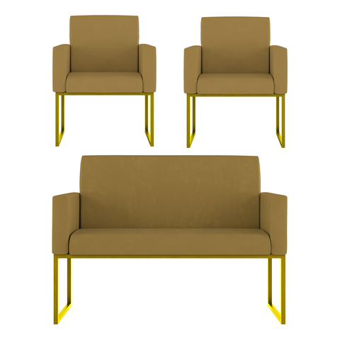 Kit Sofá 2 Lugares + 2 Poltronas Recepção Sala Base Dourada Cor:capuccino