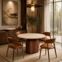 Ver imagem 3 de Mesa de Jantar Redonda Balance 140 cm Tampo Mármore Travertino Romano Base Nogueira