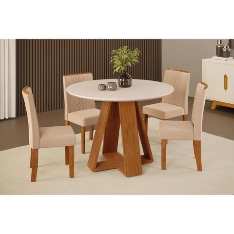 Conjunto: Mesa Sala Jantar Celeste C/ Tampo Madeirado C/ Vidro Redondo 103x103cm e 4 Cadeiras Zoe