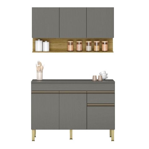 Conjunto de Armarios Modulados Line com 6 Portas e 1 Gaveta Gris/freijo