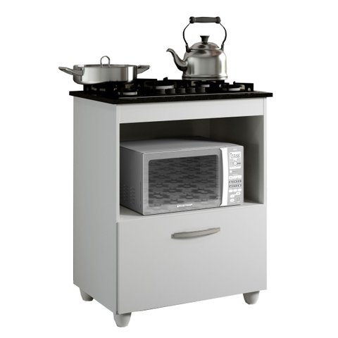 Balcão para Cooktop 5 Bocas 1 Porta Basculante 1 Nicho para Micro-ondas Salvia Kaiki Móveis Branco