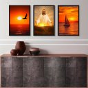 Ver imagem 1 de Kit 3 Quadros Evangélicos Jesus por do Sol 33x24cm:madeira Branca