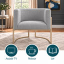 Ver imagem 3 de Poltrona Decorativa Luna Bouclé Premium para Sala Escritório Recepção Base Circular em Ferro Madeira