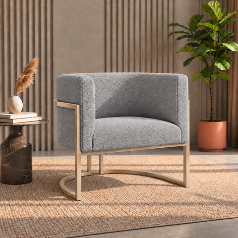 Poltrona Decorativa Luna Bouclé Premium para Sala Escritório Recepção Base Circular em Ferro Madeira