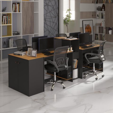 Estação de Trabalho 4 Lugares Office Smart 4 Mesas 2 Armários 1 Aparador - Preto e Cedro