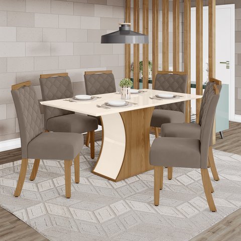 Conjunto Mesa de Jantar Luíza Henn sem Vidro com 6 Cadeiras Amélia - Nature/Off White/Marrom Amêndoa