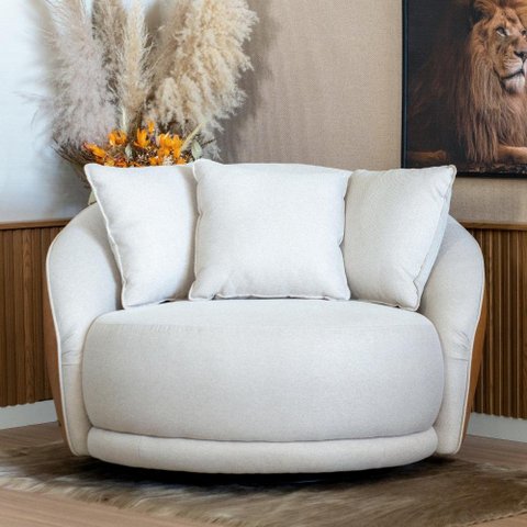 Poltrona Ayla Base Giratória Almofadas Linho Corino