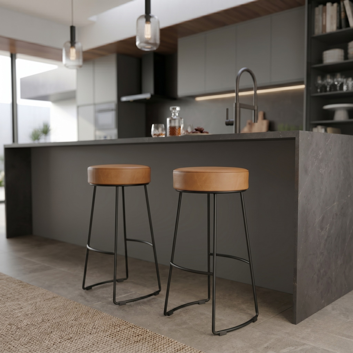 Conjunto 2 Banquetas Altas Aço Industrial Nice Caramelo e Preto Yescasa