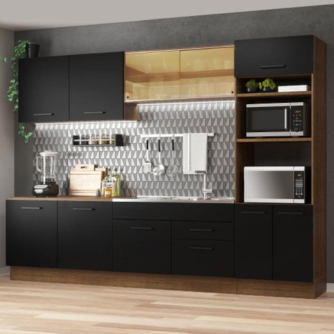 Armário de Cozinha Completa 310cm Rustic/Preto Agata Madesa 01