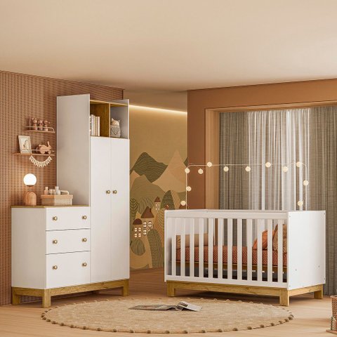 Berço Mini Cama e Roupeiro com Cômoda Qencanto Slim Freijó Branco Acetinado Qmovi + Colchão Ortobom