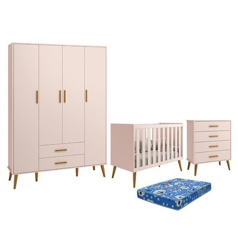 Dormitório Infantil Isis Guarda Roupa 4 Portas, Cômoda e Berço Rosa com Colchão - Reller Móveis