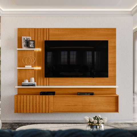 Painel Ripado para TV até 65 Polegadas com LED 200CMX167,5cm 2 Portas Atena Marrom