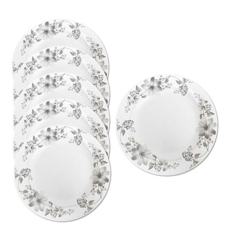 Jogo 6 Prato Raso de Vidro Branco Flores Cinza Flowers Grey 26cm em Casa Tem