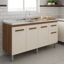 Ver imagem 1 de Balcão Cozinha Armário Gabiente Pia de 140cm Camile com 4 Portas e 1 Gavetas sem Tampo - Savana/Off-