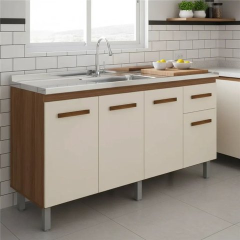 Balcão Cozinha Armário Gabiente Pia de 140cm Camile com 4 Portas e 1 Gavetas sem Tampo - Savana/Off-