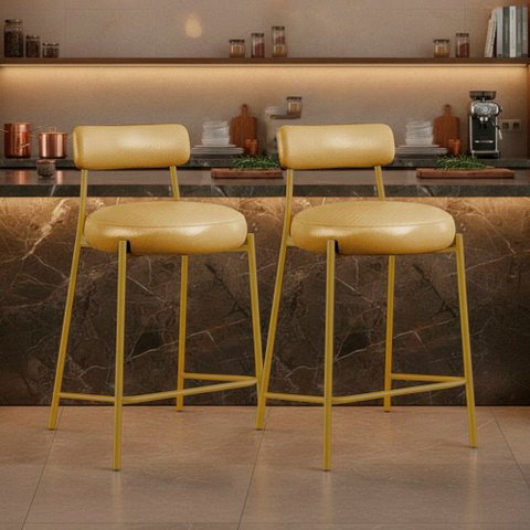 Banqueta Cozinha Média com Encosto Kit 2 Industrial Dourado Londres PU Facto D03 - D'Rossi