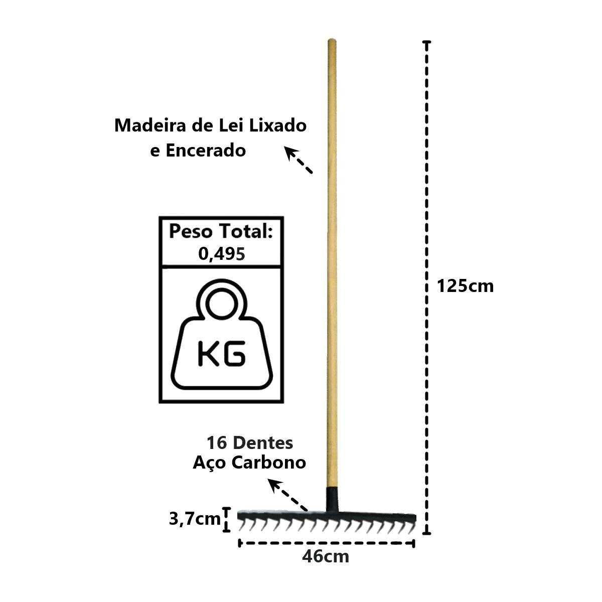 Ancinho 16 Dentes Aço Carbono Cabo Madeira pra Limpeza 125cm Minasul - 3