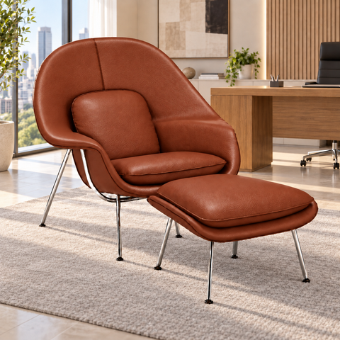 Poltrona Womb Chair com Puff em Couro Ecológico - Tijolo