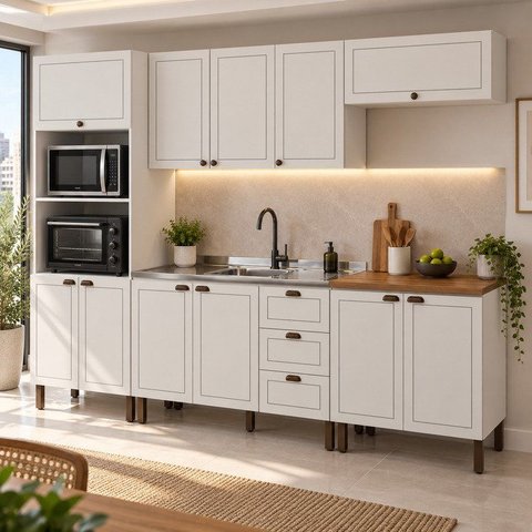 Cozinha Completa Modulada 5 Módulos Modelo Americano Provençal Portas em MDF Branco/Ébano