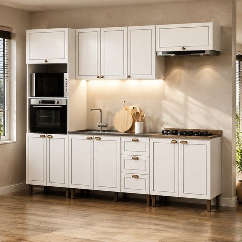 Cozinha Completa Modulada 5 Módulos Modelo Americano Provençal Portas em MDF Branco/Ébano