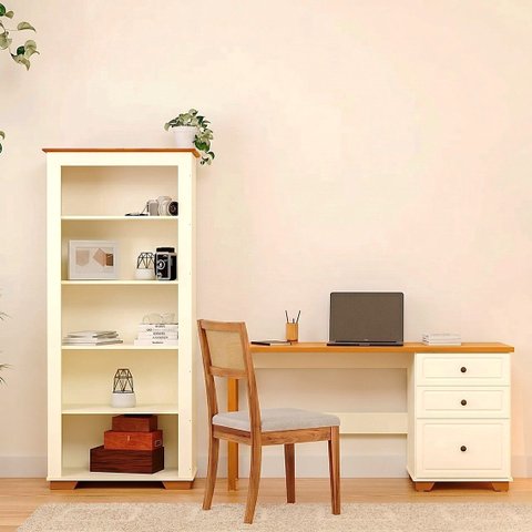 Conjunto Home Office 1 Mesa 150cm 3 Gavetas 1 Estante para Livros Ananda CabeCasa MadeiraOriginals Off White Mel Branco/Off-White