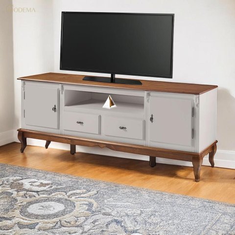 Rack para Sala com Pés Luis Xv 2 Gavetas 2 Portas de Madeira e Nicho 60503m -off White/imbuia Glazer