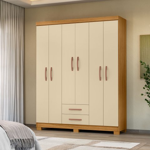Guarda-Roupa Casal Itapema 6 Portas 2 Gavetas Bege/Carvalho Americano/Off White