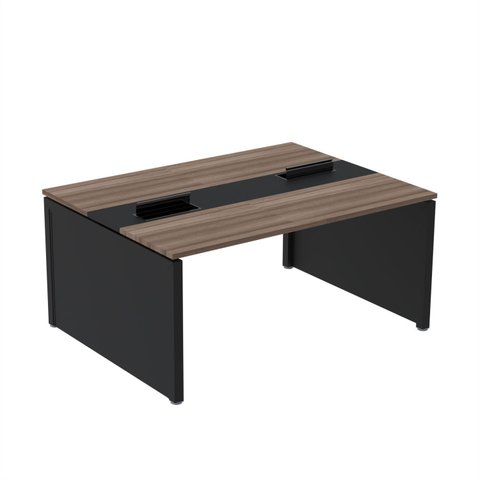 Estação de Trabalho Mesa Plataforma Escritório Dupla para 2 Pessoas com Caixa de Tomada Pé Painel Marrom/Walnut/Preto