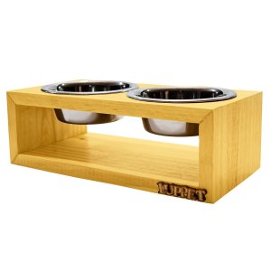 Comedouro Duplo de Madeira com Potes Inox para Gatos e Cachorros