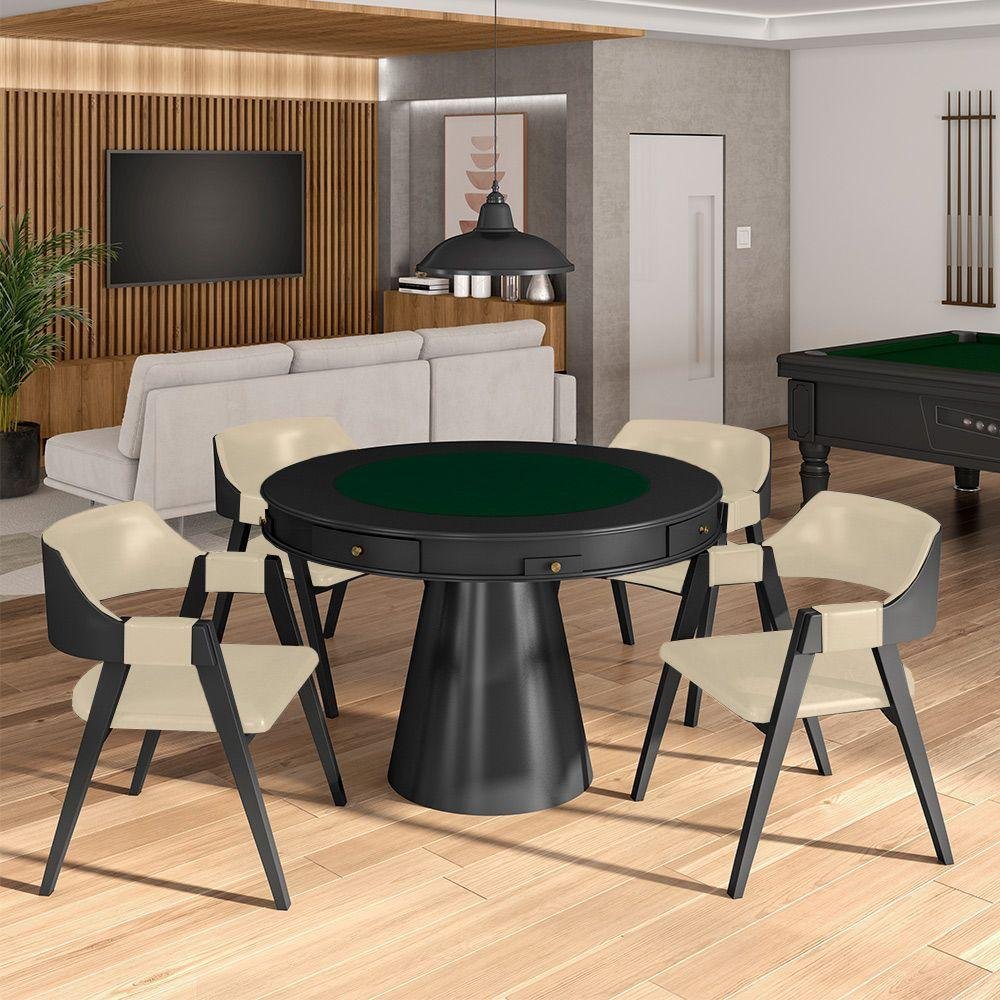 Kit 3 Cadeiras Sala de Jantar e Jogos Carteados Madeira Maciça Poker Pu Bege-preto G42 - Gran Belo - 2