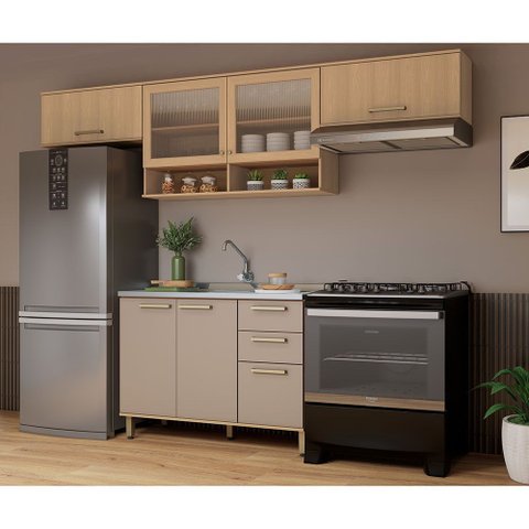 Cozinha Compacta 100 Mdf 4 Peças sem Tampo e Vidro Canelado 280cm Duna Luciane Móveis
