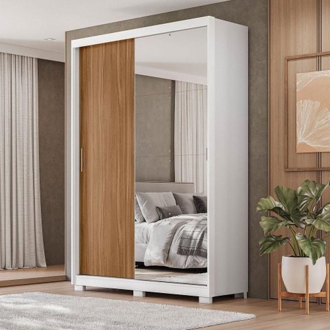 Guarda Roupa Casal Riva 2 Portas de Correr 4 Gavetas MDF com Espelho Branco-Amendola Demóbile