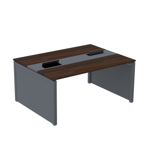 Estação de Trabalho Mesa Plataforma Escritório Dupla para 2 Pessoas com Caixa de Tomada Pé Painel Marrom/Walnut/Preto