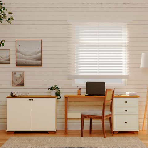 Conjunto 2 Peças Escrivaninha e Armário 2 Portas Pés em Madeira Maciça Ananda CabeCasa MadeiraOriginals Off White Mel