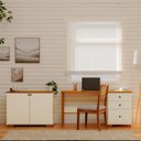 Ver imagem 1 de Conjunto 2 Peças Escrivaninha e Armário 2 Portas Pés em Madeira Maciça Ananda CabeCasa MadeiraOriginals Off White Mel Branco/Off-White 100% MDF