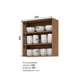 Armário Aéreo 2 Portas de Vidro 80cm Yasmin Nature Espresso Móveis - 3