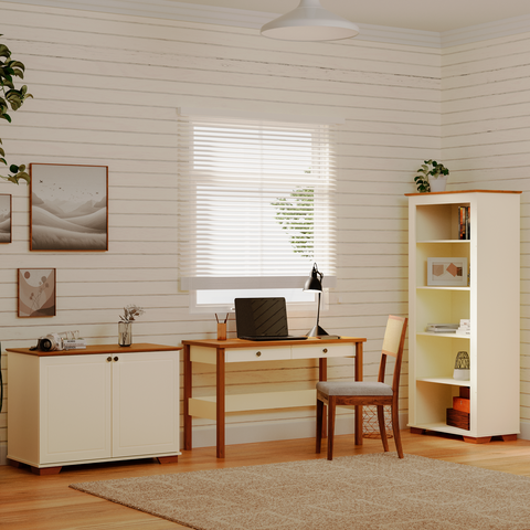 Conjunto Home Office 1 Mesa 120cm 2 Gavetas 1 Estante 1 Armário 2 Portas Ananda CabeCasa MadeiraOriginals Off White Mel