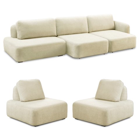 Conjunto Sala de Estar 1 Sofá Retrátil Modulado 372cm e 2 Poltronas Santiago Bouclê Off White G89 -