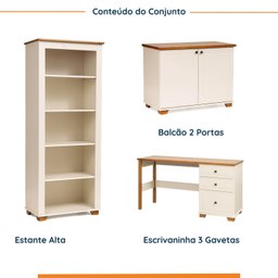 Conjunto 3 Peças com Escrivaninha, Estante e Armário Ananda CabeCasa MadeiraOriginals Off White Mel - 6