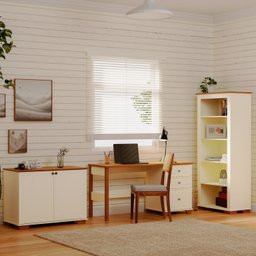 Conjunto 3 Peças com Escrivaninha, Estante e Armário Ananda CabeCasa MadeiraOriginals Off White Mel - 1