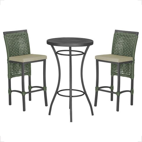 Mesa Bistrô e 2 Banquetas Roma Preta Corda Náutica Estofado 7 Trama Original