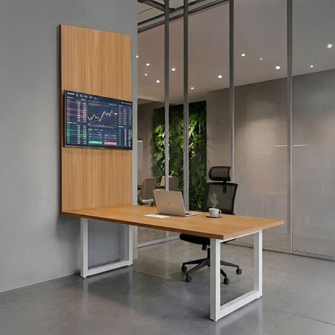 Mesa Reunião Industrial 180cm 100% MDF com Caixa de Tomadas e Painel TV F5 Office Cor:Freijó com