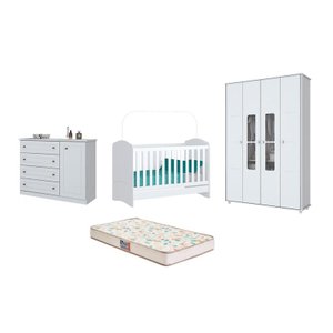 Berço Bala de Menta, Cômoda Americano e Guarda Roupa Aquarela Branco e Colchão - Fdecor