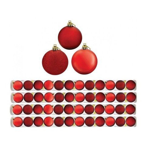 Kit 48 Bolas de Natal Mista Fosca, Lisa e Glitter Vermelha 5cm
