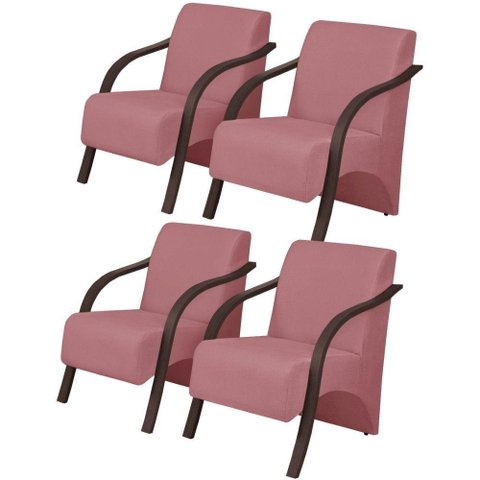 Kit 4 Poltronas 1 Lugar Vênus Pé Madeira Suede Rosa