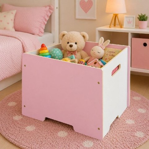 Caixa Baú Infantil de Madeira 3 em 1, Banquinho, Organizador de Brinquedos e Roupas