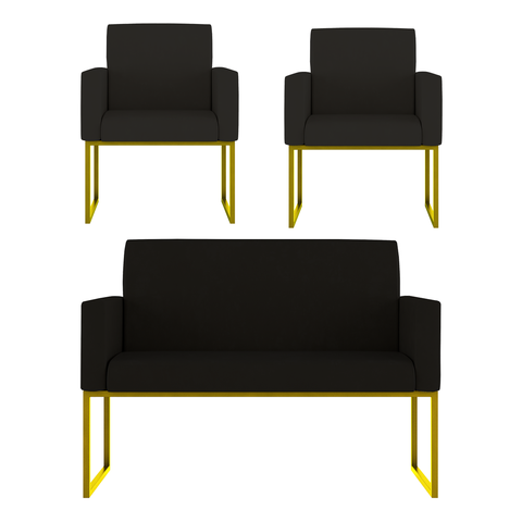 Kit 2 Poltronas + Namoradeira Lugares Recepção Base Dourada Cor:preto
