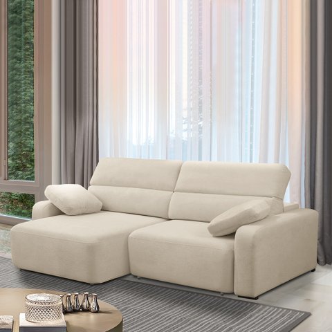 Sofá Decorativo Sala de Estar Ibiza 3 Lugares 260cm Reclinável e Retrátil Bouclê Bege Claro G89
