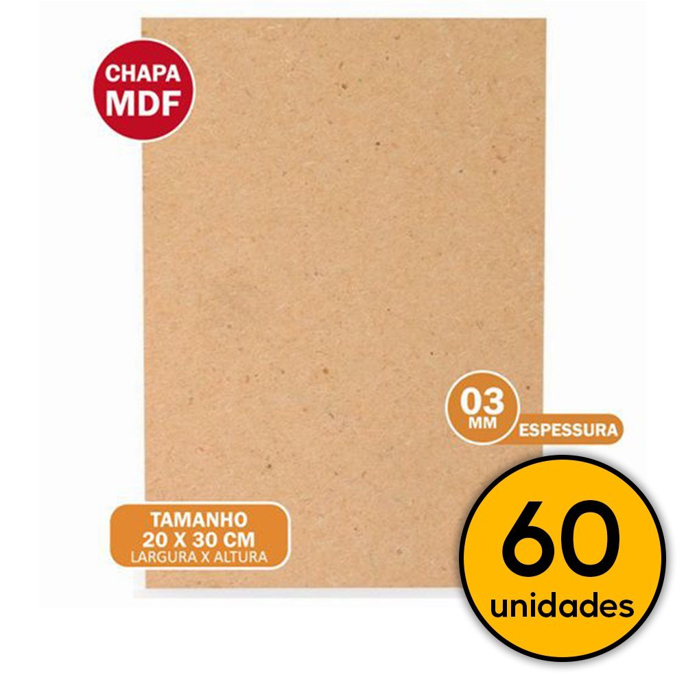 Chapa De Mdf Cru 3mm Placas 20x30 Artesanato 60 Unid. Arte na Arte - 2